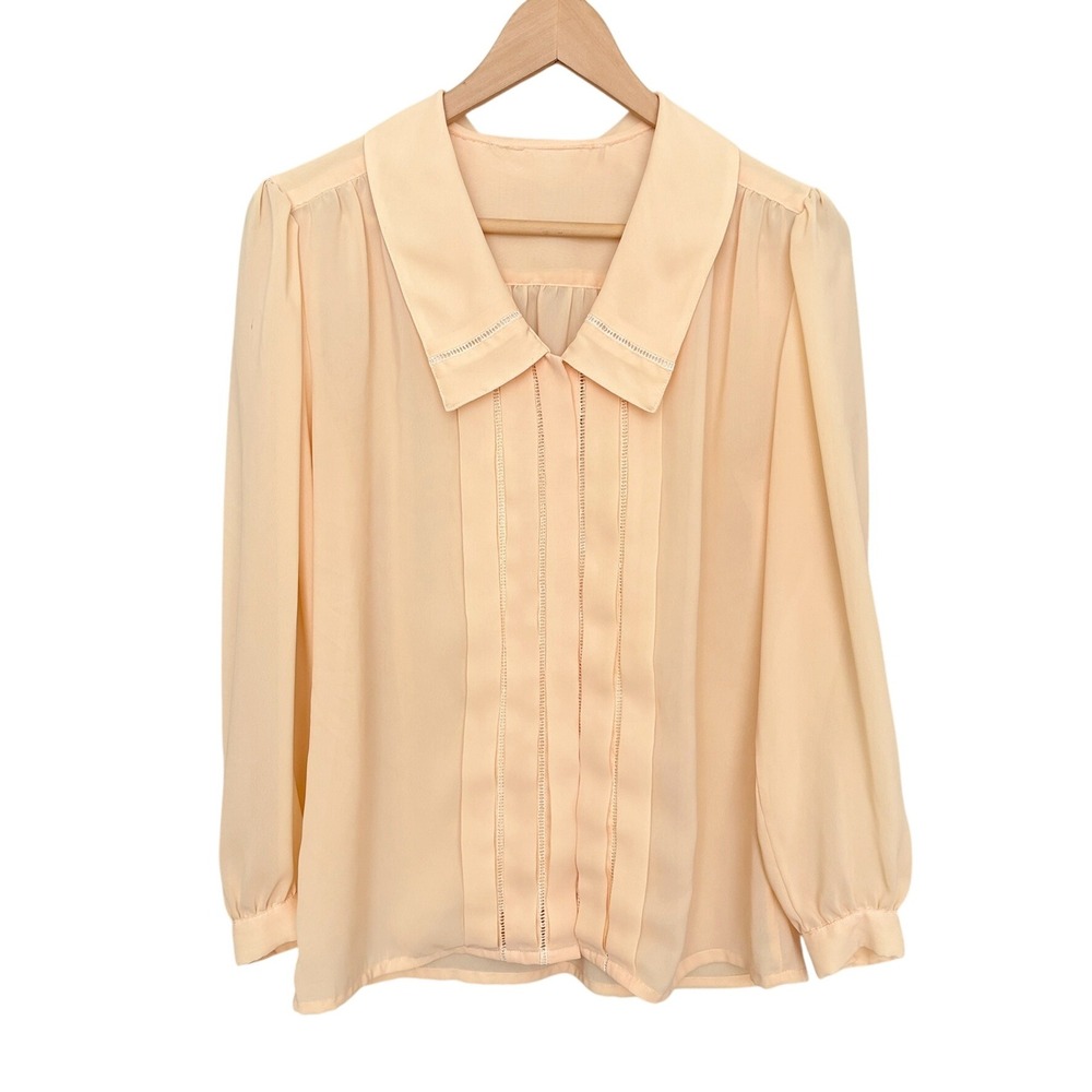 VTG 60s Cottagecore Boho Blouse Long Sleeve Pleated Collared Top Feminine Sz M/L